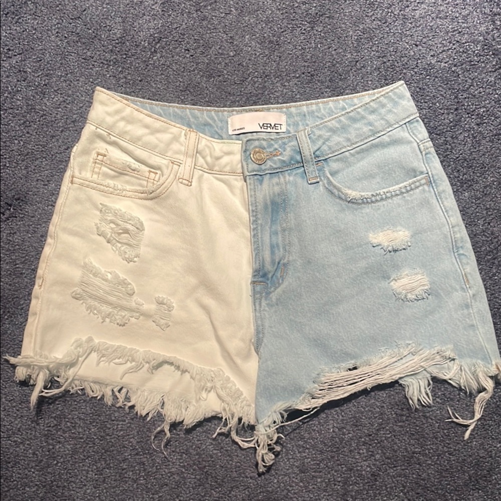 VERVET BY FLYING MONKEY Two-Tone Jean Shorts - White and Light Blue